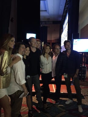 several cast members and Ron Moore from Battlestar Galactica backstage after a BSG panel at Comic Con in San Diego