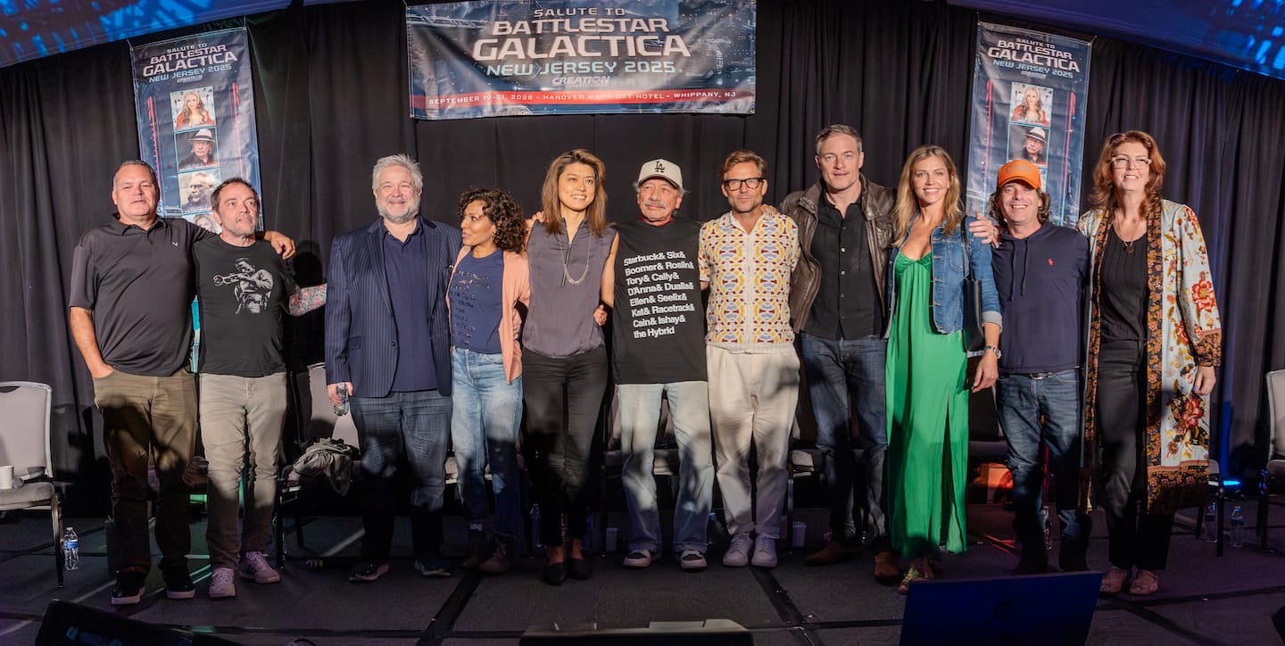 Aaron Douglas, Mark Sheppard, David Eick, Rekha Sharma, Grace Park, Edward James Olmos, Jamie Bamber, Tahmoh Penikett, Tricia Helfer, James Callis and Mo Ryan at the 2025 BSG convention