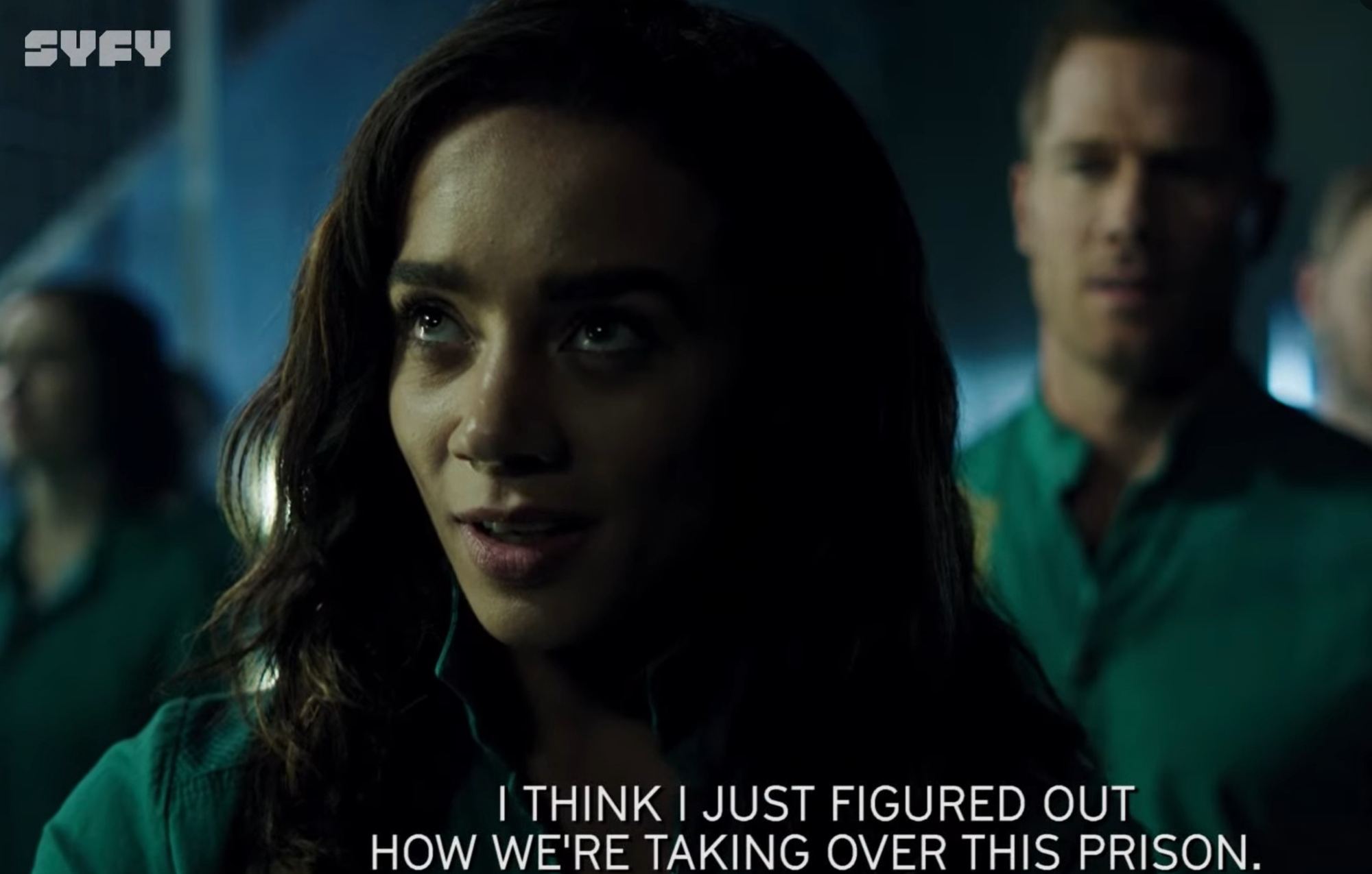 Dutch (Hannah John-Kamen) of Killjoys says in type at the bottom of the photo, I think I just figured out how we're taking over this prison.