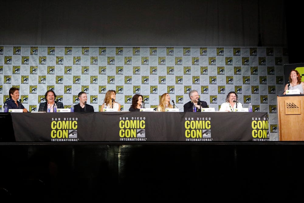 Michael Trucco, Aaron Douglas, Tahmoh Penikett, Grace Park, Mary McDonnell Tricia Helfer David Eick and Ron Moore at 2017 SDCC BSG panel
